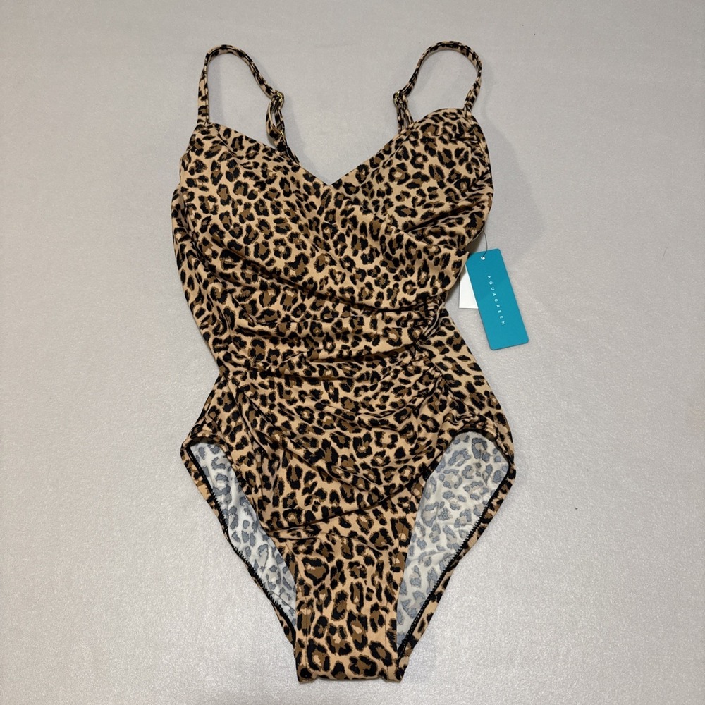 Aqua Green Women Swimsuit One Piece Cinch‎ Front Asymmetrical Leopard Sz S 4/6